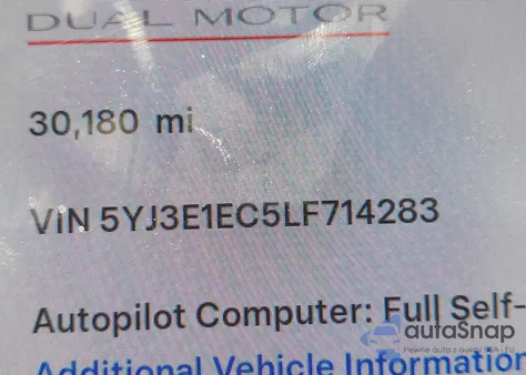 2020 Tesla Model 3 Performance Dual Motor All-Wheel Drive z USA, uszkodzony, nr VIN 5YJ3E1EC5LF714283